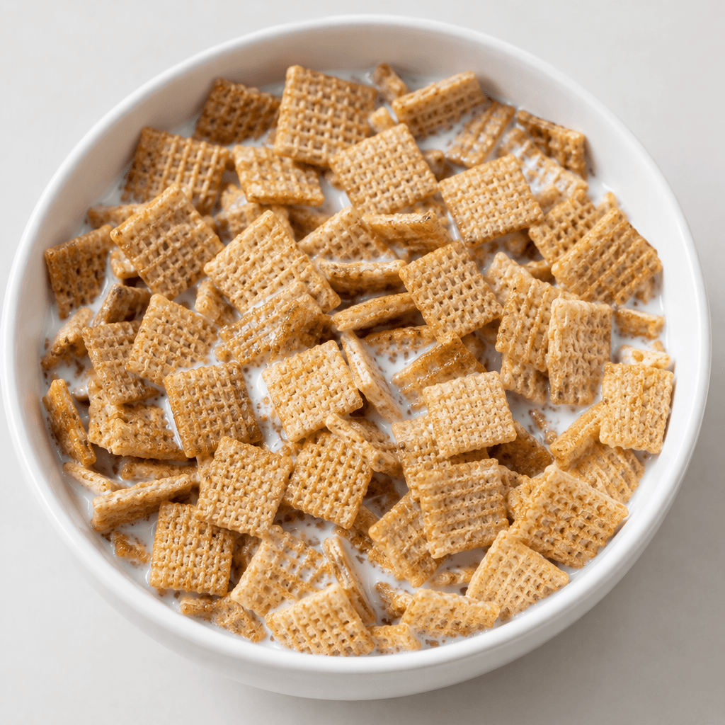 Small, flat, light golden-brown cereal squares with a fine crisscross grid pressed into their surfaces fill a bowl, with white milk visible between the pieces.