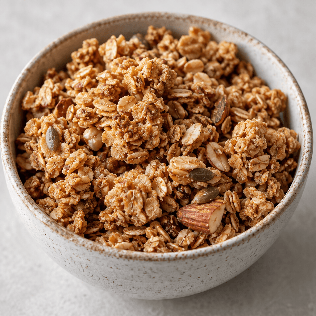 Bir kâsede sunulan, yulaf pulları ve küçük parçaları seçilen, düzensiz şekilli altın-kahverengi granola kümeleri.