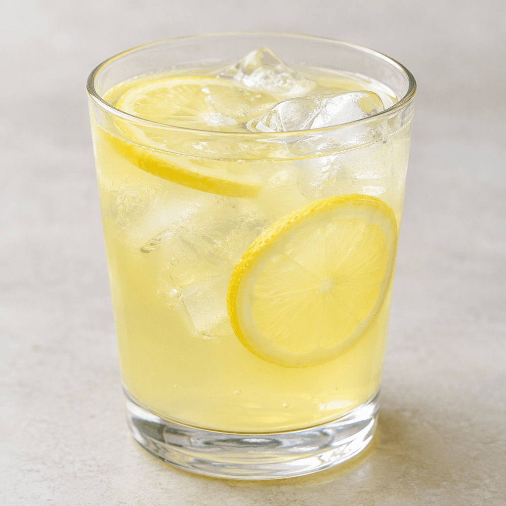 Pale yellow, translucent lemonade fills a clear tumbler, with visible ice cubes and thin lemon slices floating near the surface.
