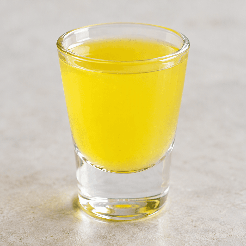 A small glass holds translucent, vivid lemon-yellow liqueur with a faint cloudy haze and a glossy surface.