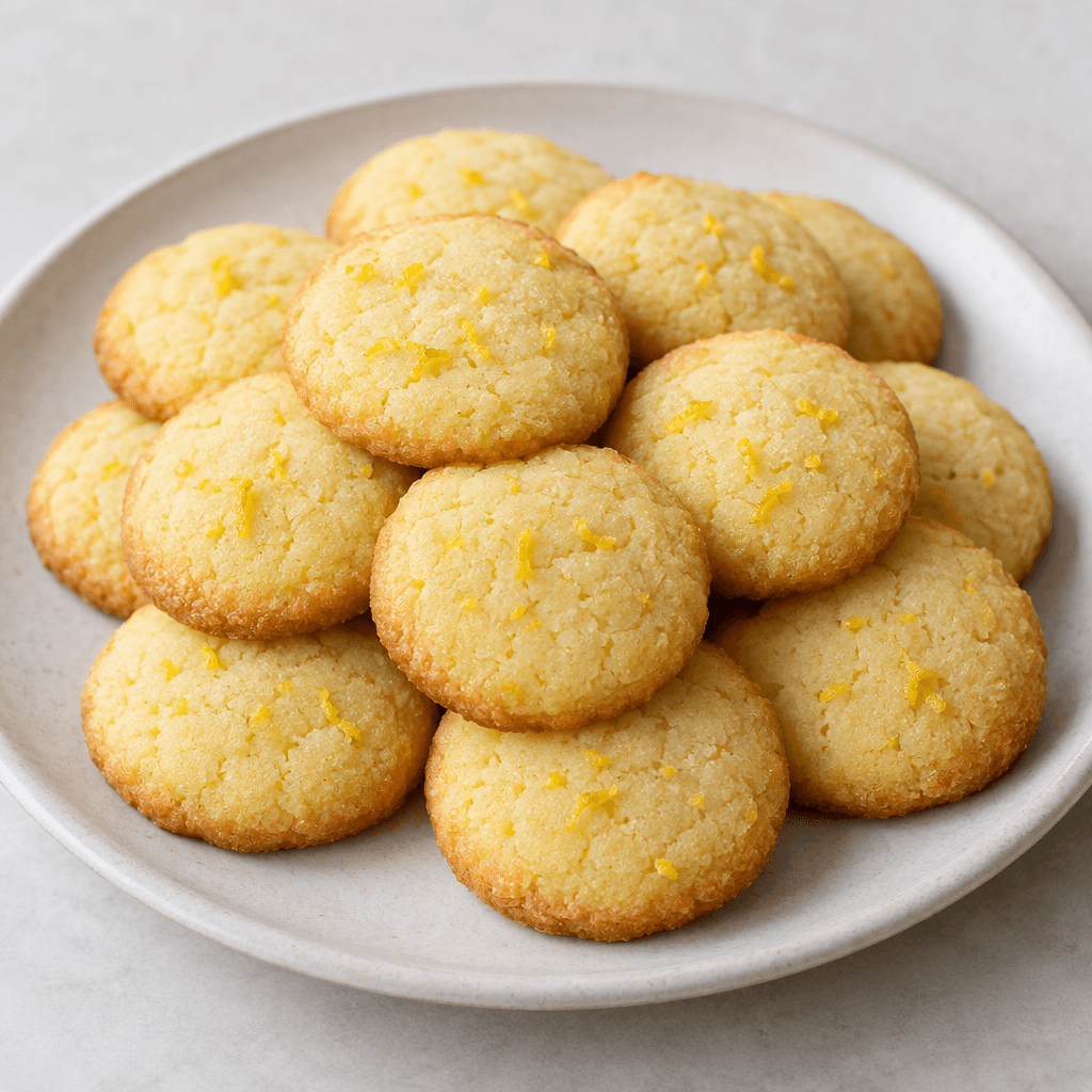 Small, round lemon cookies with pale golden-yellow surfaces, lightly browned edges, a soft crumbly texture, and a few tiny flecks of lemon zest visible on top, arranged on a plate.