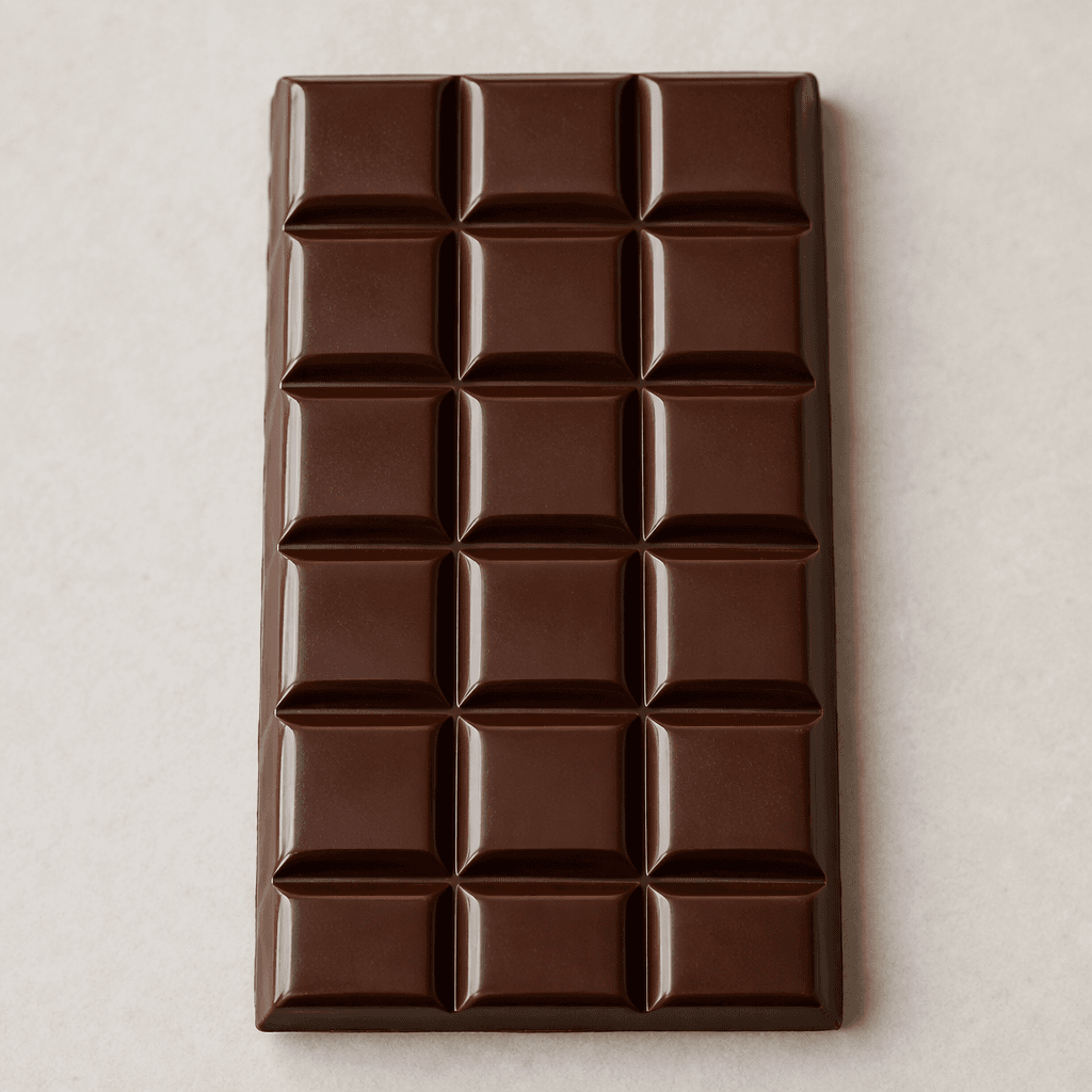 A smooth, rectangular chocolate bar with a deep brown, glossy surface, clean segmented squares, and a firm, slightly reflective texture.