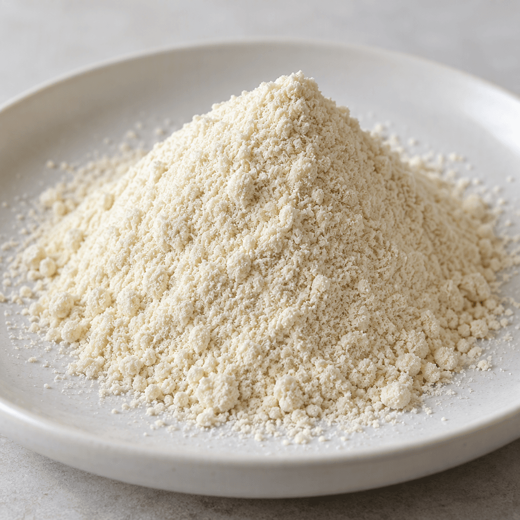 A small mound of pale cream-colored fiber powder with a fine, slightly grainy texture rests on a plain dish.