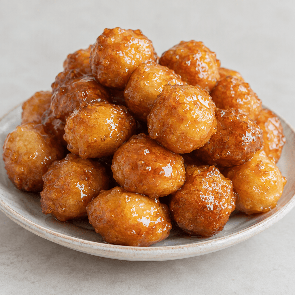 Small, bite-sized golden-brown dough balls with crisp, slightly uneven surfaces, coated in a clear glossy syrup and piled on a serving plate.