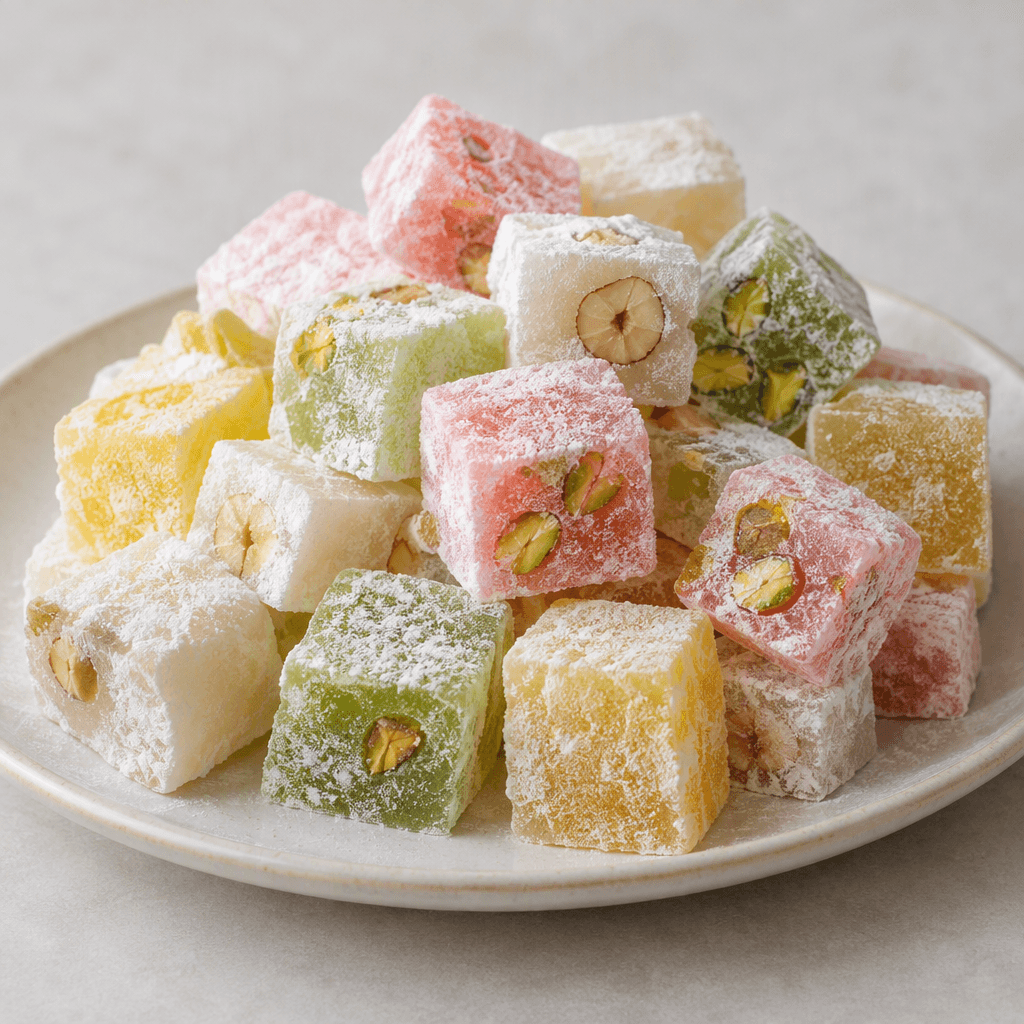 Small, glossy, translucent cubes and rectangular pieces of softly set confection, coloured white, pale pink, yellow, or green, dusted generously with fine powdered sugar and starch, with some pieces showing embedded pistachios or hazelnuts, arranged in a neat pile or on a serving plate.
