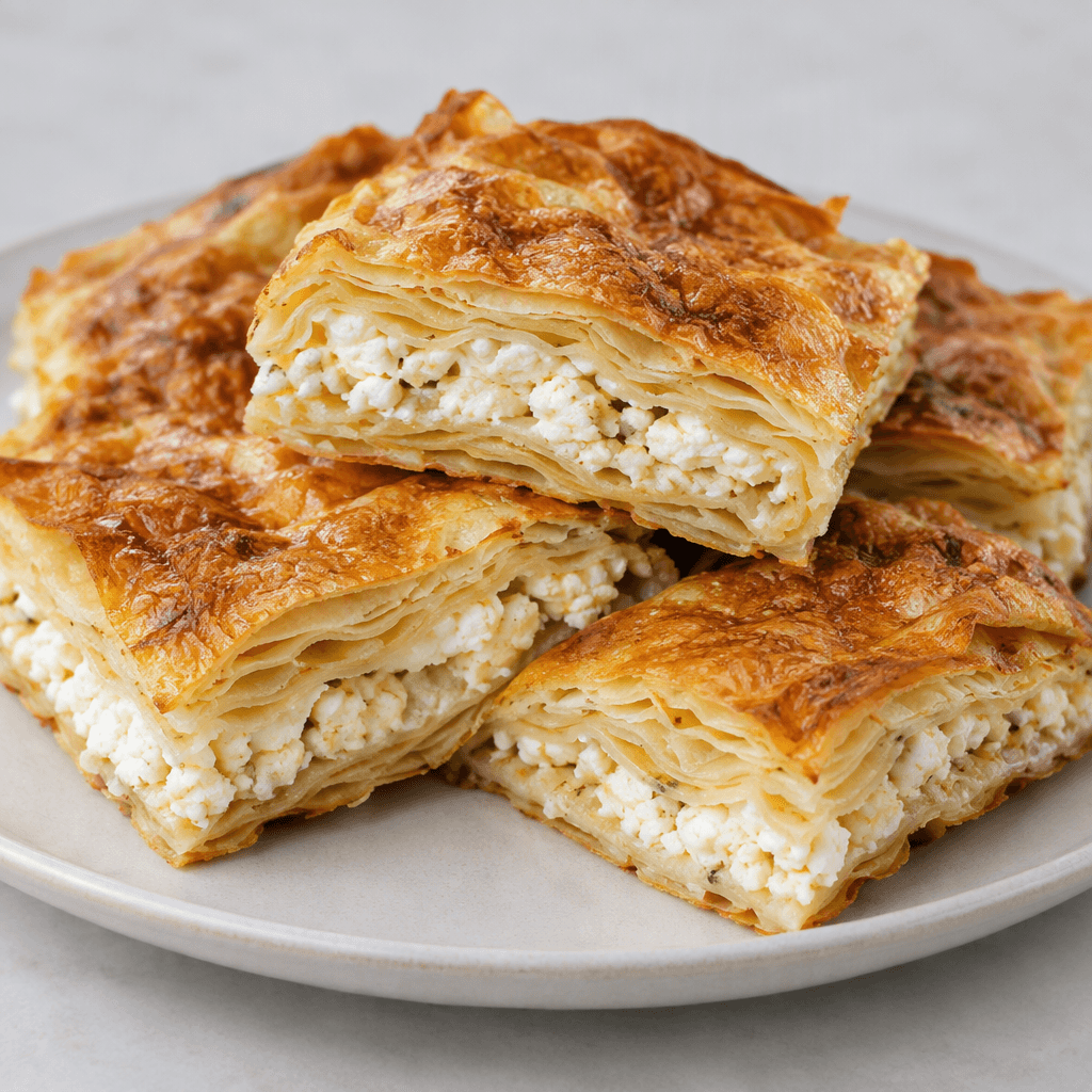 Golden-brown layered pastry is cut into rectangular pieces, with crisp folded edges and a visible filling of soft white crumbly cottage cheese between the thin sheets, arranged on a serving plate.