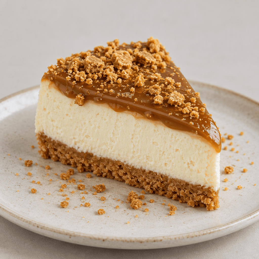 A slice of cheesecake sits on a plate, with a crumbly golden-brown biscuit base, a thick smooth ivory filling, a glossy caramel-brown topping, and scattered biscuit crumbs.