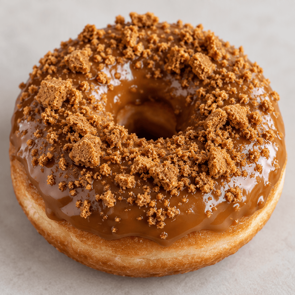 A golden-brown ring doughnut is topped with a smooth, glossy caramel-brown coating and scattered crisp biscuit crumbs.