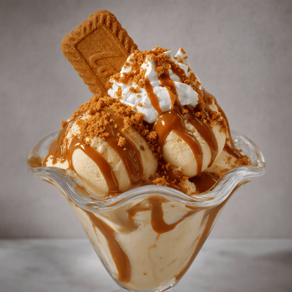 Scoops of pale vanilla ice cream sit in a glass sundae dish, drizzled with glossy caramel-brown biscuit spread and topped with whipped cream, golden biscuit crumbs, and a crisp rectangular biscuit.