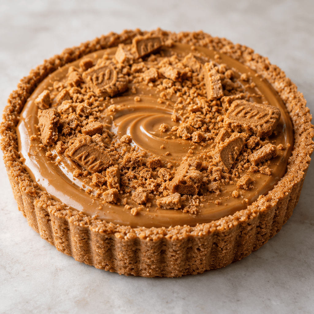 A round tart with a golden-brown crumbly crust, filled with smooth caramel-brown cream and topped with biscuit crumbs and pieces.