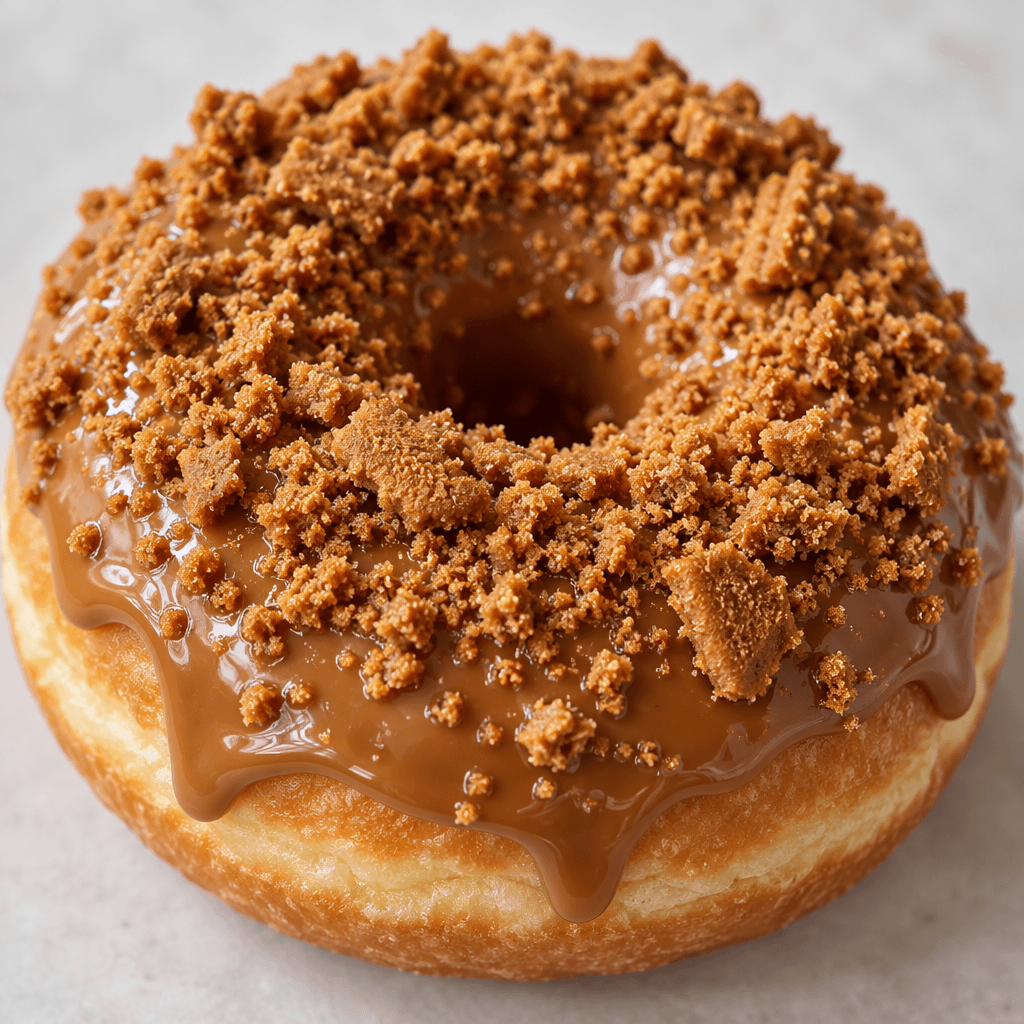 A golden-brown ring doughnut is coated with a glossy caramel-brown spread and scattered with crisp, finely crumbled spiced biscuits.