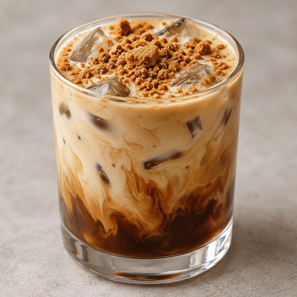 A chilled, creamy tan coffee fills a clear glass, with visible ice cubes, a dark coffee layer beneath the milk, and a caramel-brown biscuit crumb topping.