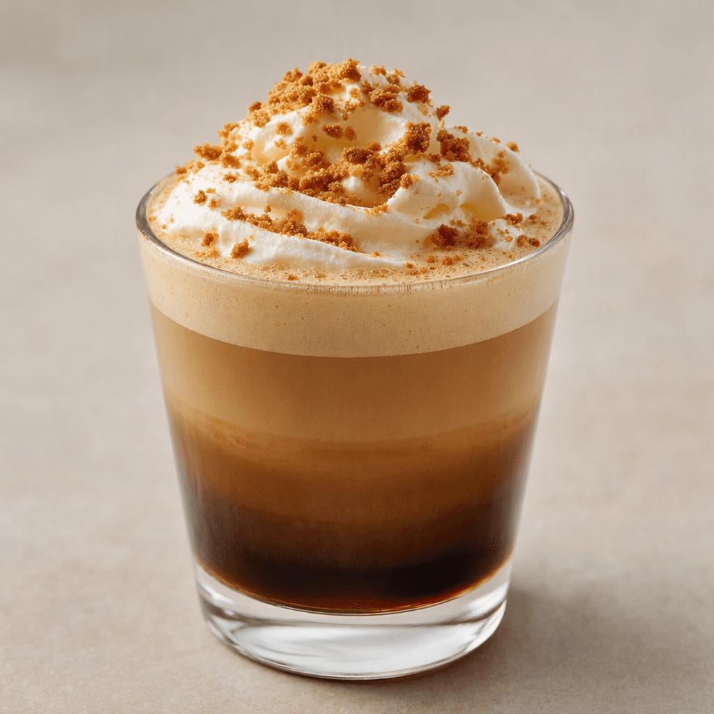 A layered mocha in a clear glass, with dark coffee beneath a creamy tan surface, topped with whipped cream and a scattering of fine caramel-brown biscuit crumbs.