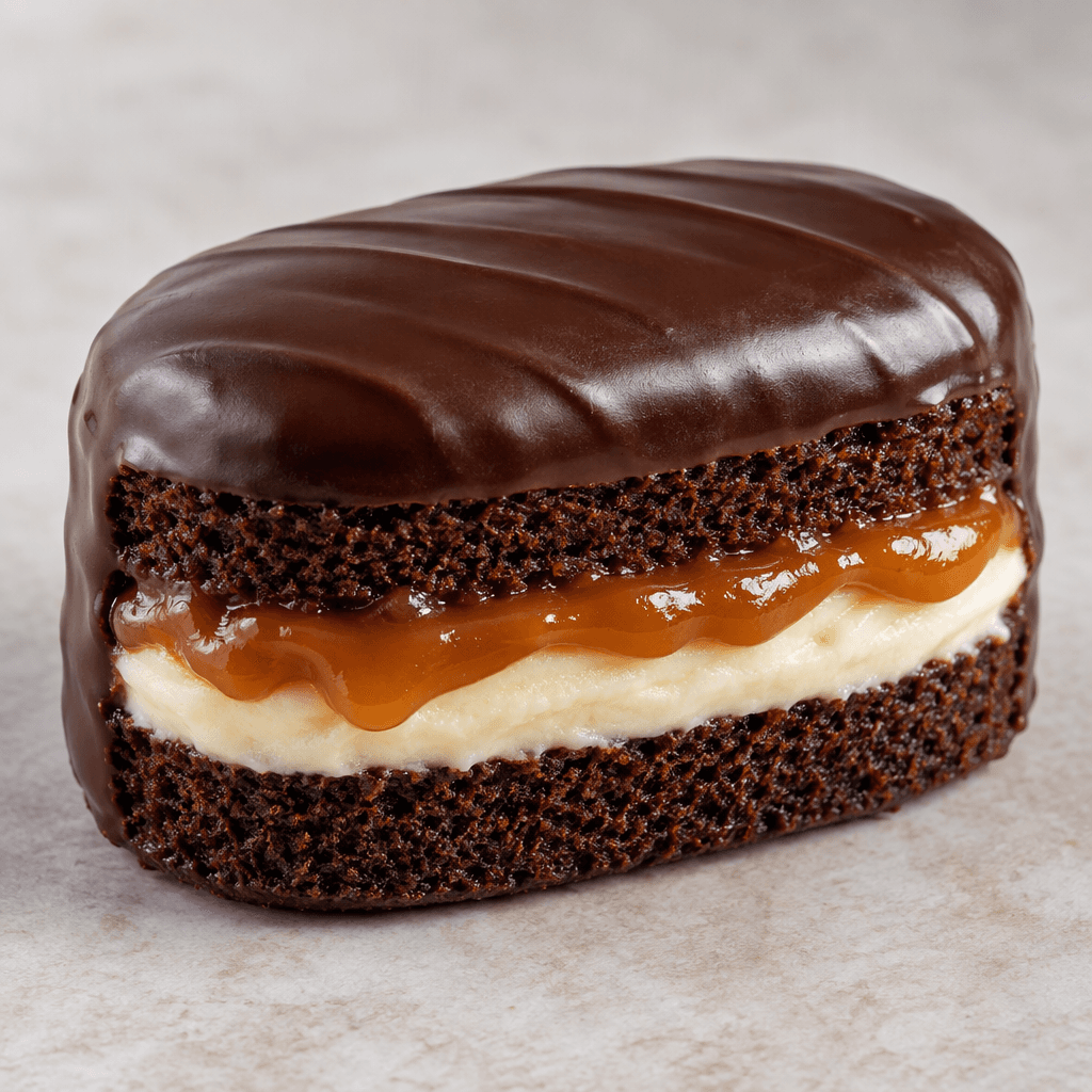 A small oblong cocoa sponge cake is coated in smooth dark chocolate, with a pale cream layer and glossy caramel filling visible between the cake layers.