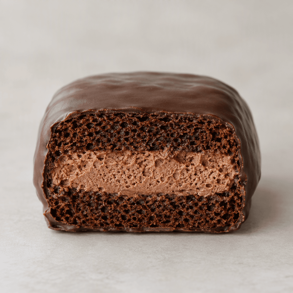 A small, rounded rectangular cocoa sponge cake coated in dark chocolate, with a soft, airy chocolate filling visible at the center.