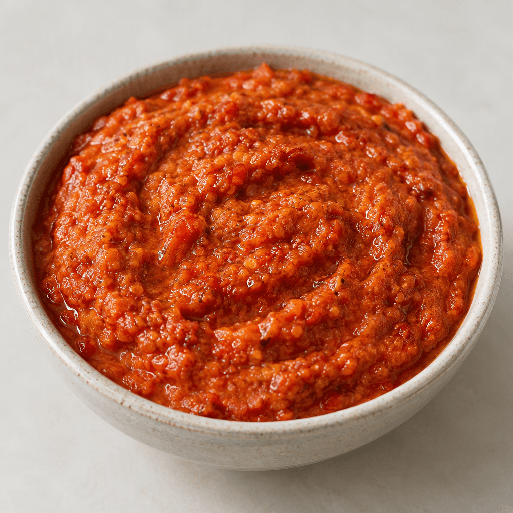 A thick, coarse red-orange spread made from ground red peppers and tomatoes, with tiny visible pepper and tomato flecks, served in a shallow bowl with a glossy, slightly uneven surface.