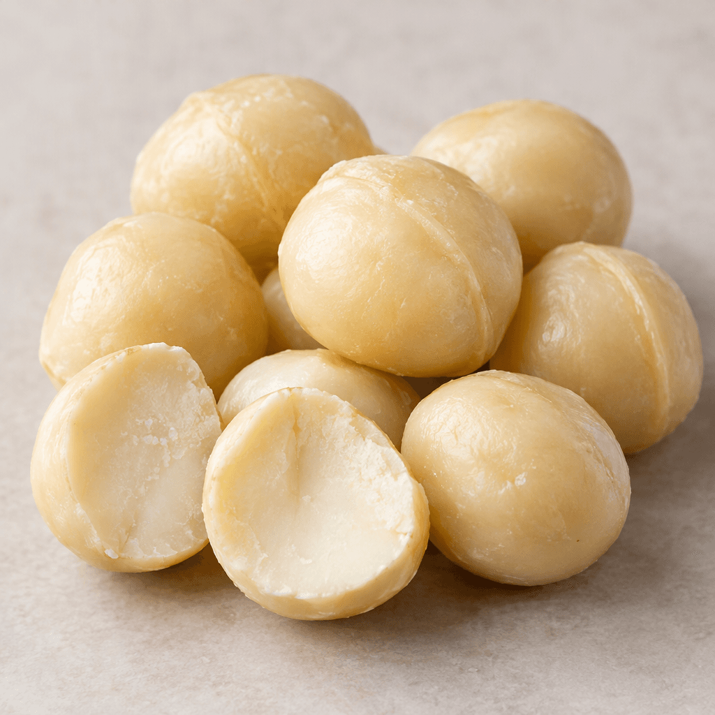 Smooth, round-to-oval shelled macadamia kernels, pale ivory with a faint sheen, shown whole and split to reveal their dense, creamy interior.