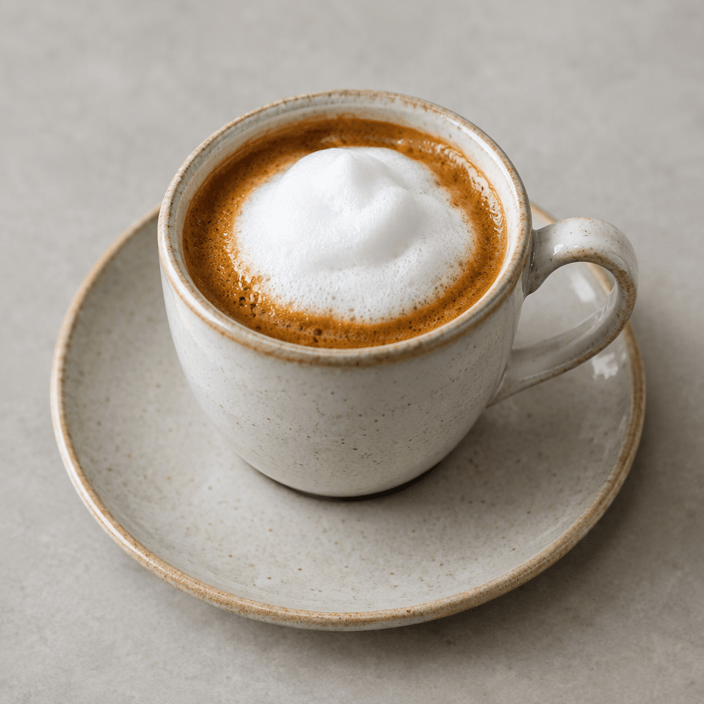 A small cup of deep brown espresso topped with a distinct dollop of white, airy milk foam, served in a small ceramic cup on a saucer.
