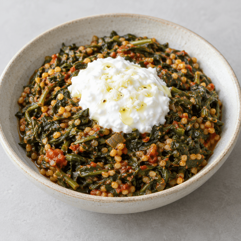 A shallow bowl of finely chopped dark-green madımak greens cooked into a moist, chunky vegetable dish, with small pale bulgur grains and red tomato-pepper paste visible throughout, served with a spoonful of white garlic yogurt on top.
