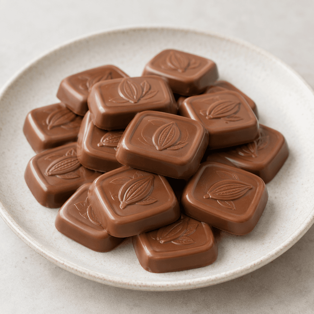 Small, flat, individually molded milk-chocolate pieces with rounded corners, a smooth glossy medium-brown surface and shallow embossed details, arranged on a serving plate.