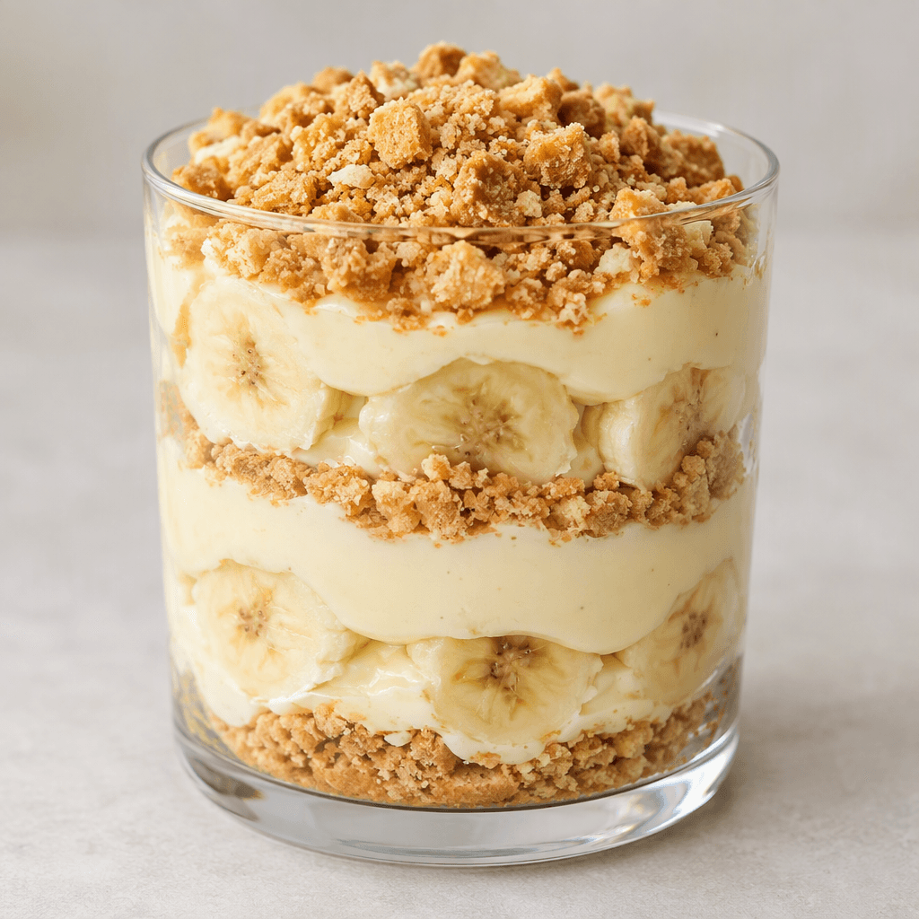 A layered dessert served in a clear glass, with pale cream pudding, visible slices of banana or strawberry, and golden biscuit crumbs forming alternating layers and a crumb topping.