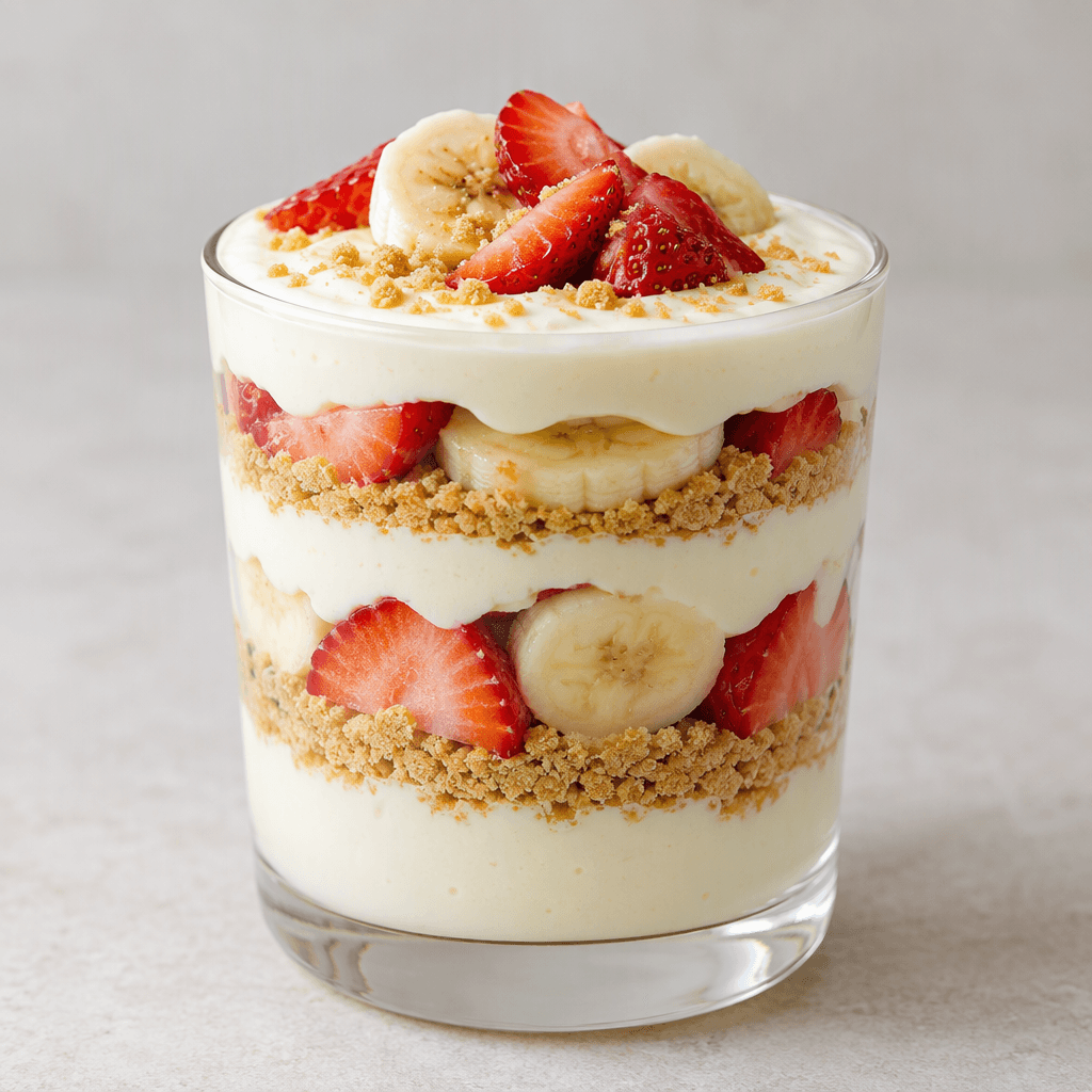 Layers of pale ivory milk pudding, fine golden biscuit crumbs, and sliced strawberries and banana are visible through a clear glass dessert cup, topped with a smooth pale cream layer and a few fruit pieces.