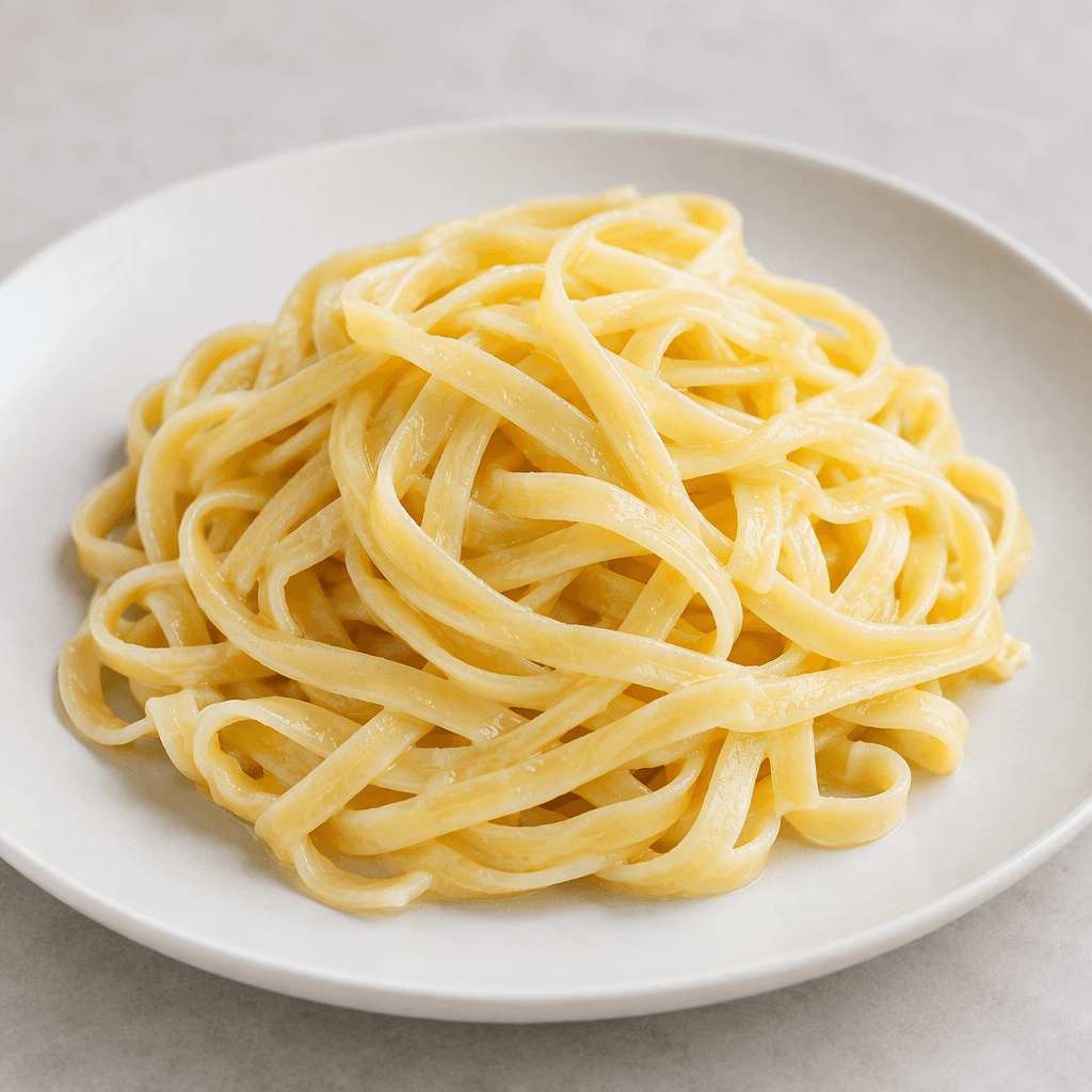 A small mound of plain cooked pasta, pale cream-yellow with separate soft-looking strands and pieces that have a faint sheen, served on a simple plate without visible sauce or garnish.