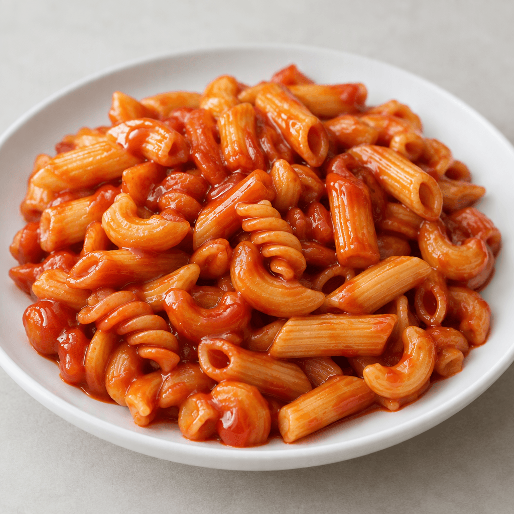 A plate of short cooked pasta pieces coated in bright red, glossy ketchup, with the individual shapes still clearly visible and lightly touching one another.