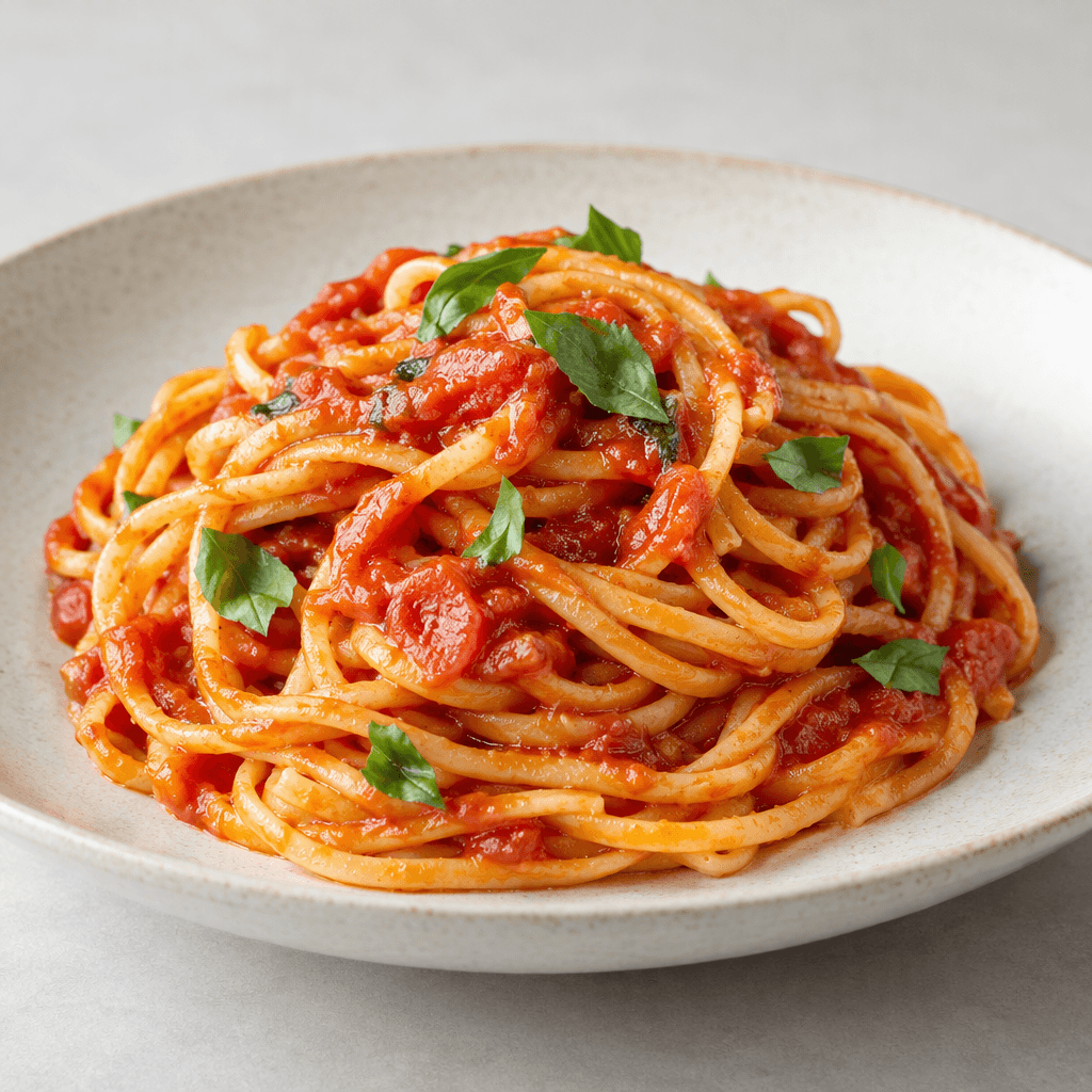 A serving of pale golden pasta coated in glossy red tomato sauce, gathered in a loose mound on a shallow plate with a few green herb leaves scattered on top.