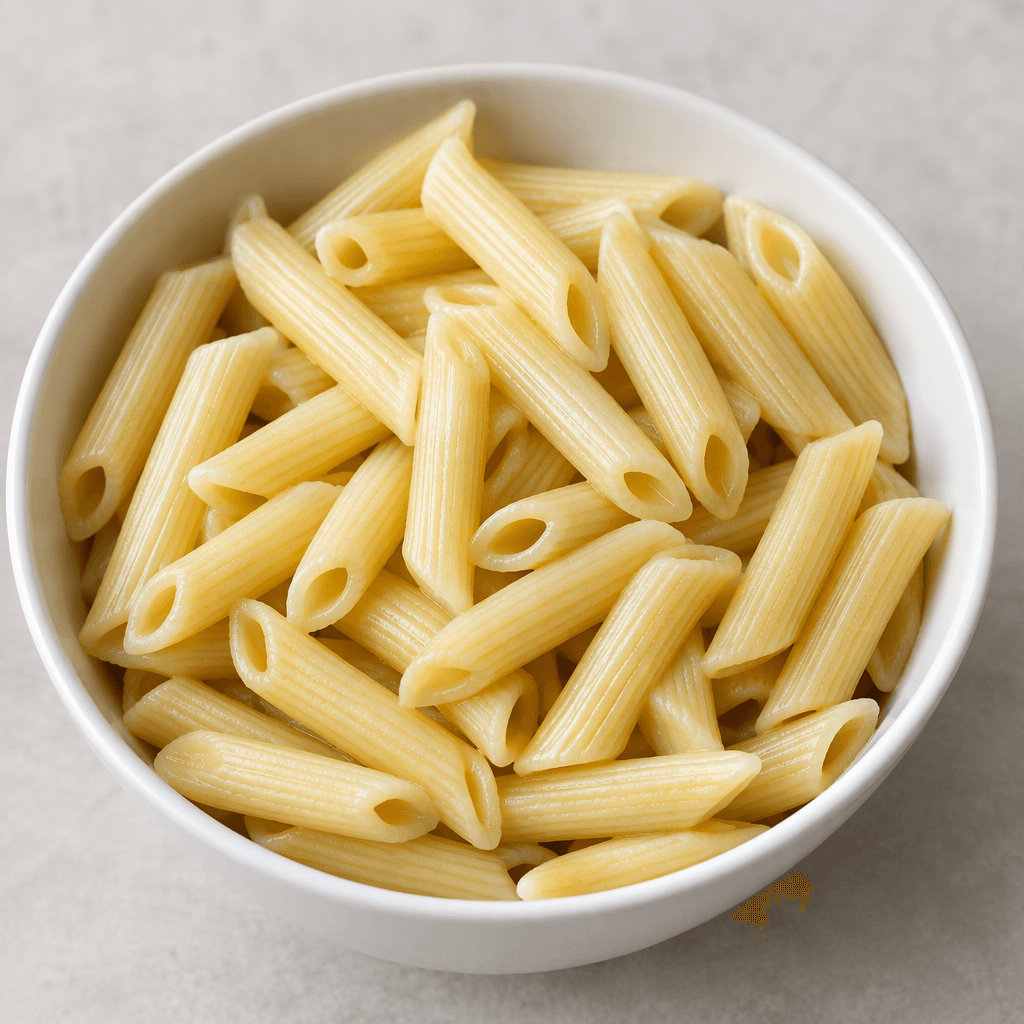 Plain pale-yellow pasta pieces with smooth, slightly glossy surfaces, served loose in a simple bowl with no sauce or other visible ingredients.