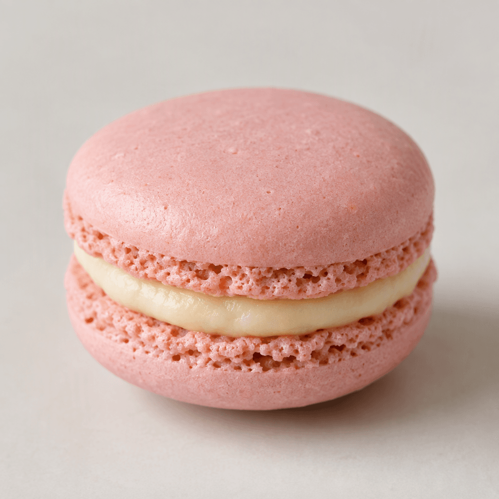 A macaron is a small, round sandwich sweet with two smooth, slightly domed pastel-coloured shells, a finely ruffled edge around each shell, and a visible layer of creamy filling between them.