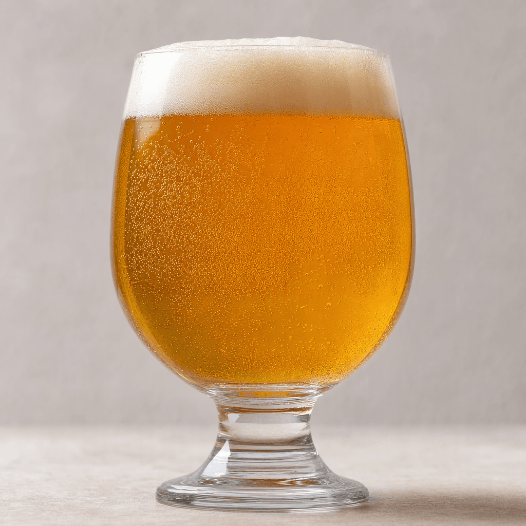 A translucent golden-amber drink with fine bubbles and a light foamy head, served in a clear glass.