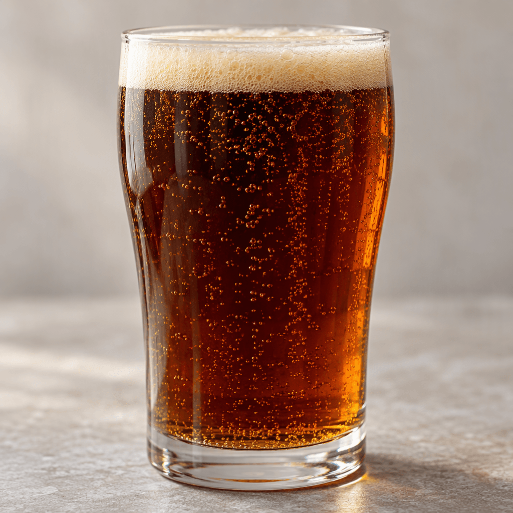 A clear glass filled with a dark amber-brown malt drink, with fine bubbles rising through it and a thin layer of pale tan foam on top.