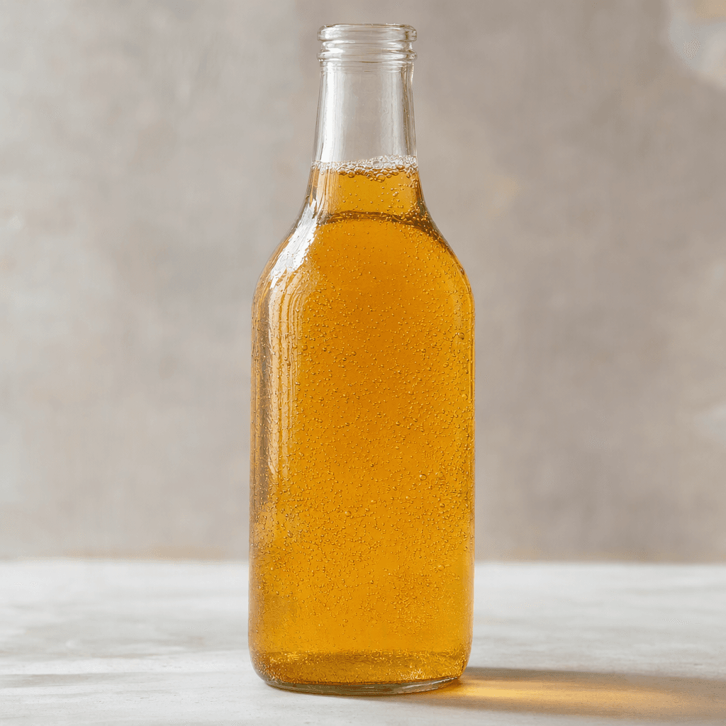 A clear glass bottle holds a golden-amber malt drink with a slight haze and fine bubbles visible through the glass.