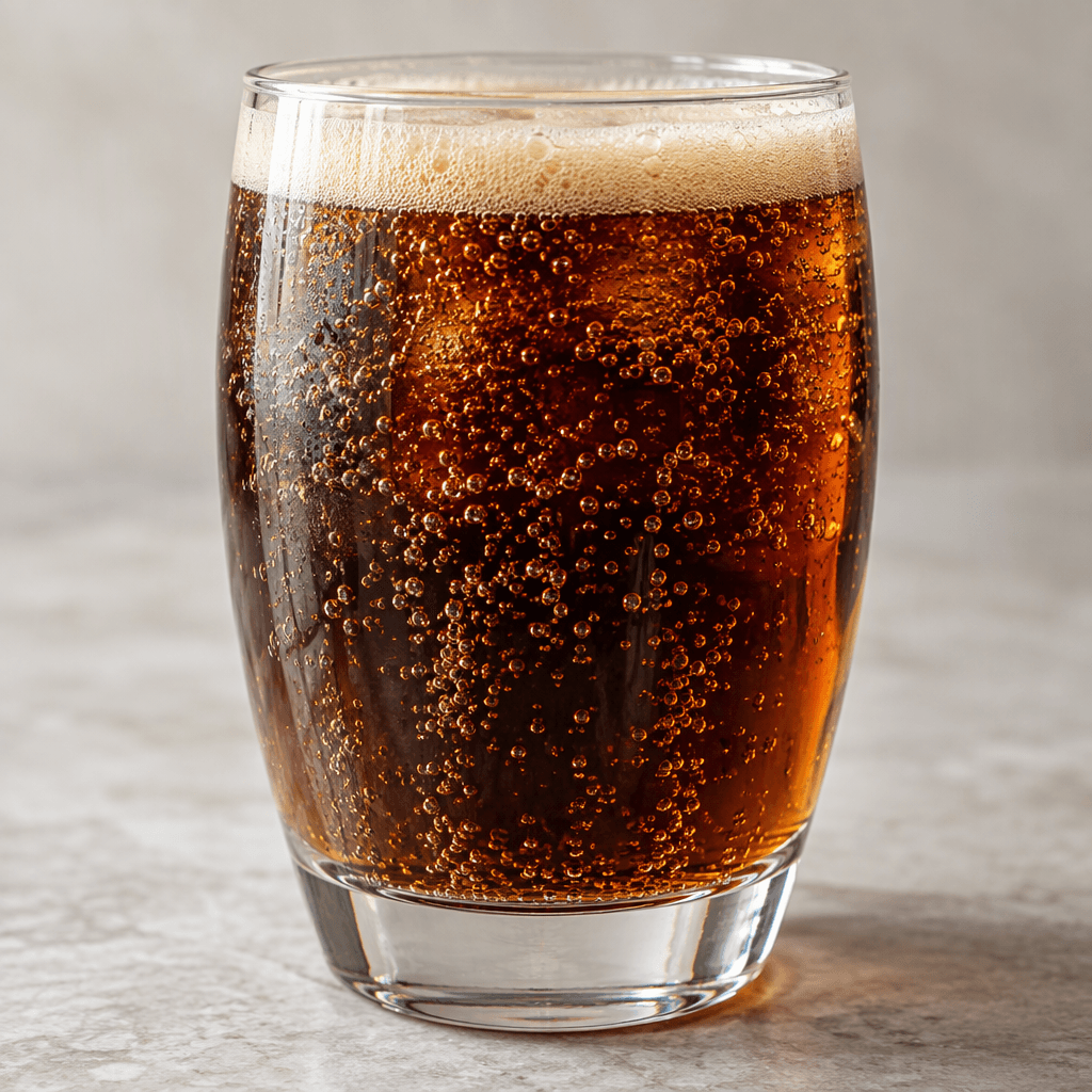 A deep amber-brown carbonated drink with fine rising bubbles and a thin beige foam at the surface, served in a clear glass.