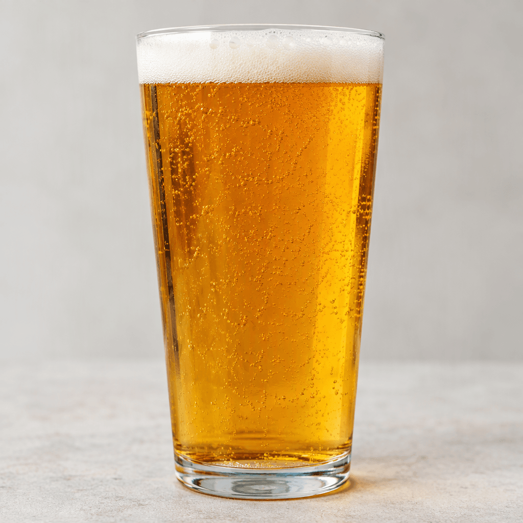 A clear, deep golden-amber drink with fine bubbles and a thin, pale foam on top, served in a glass.