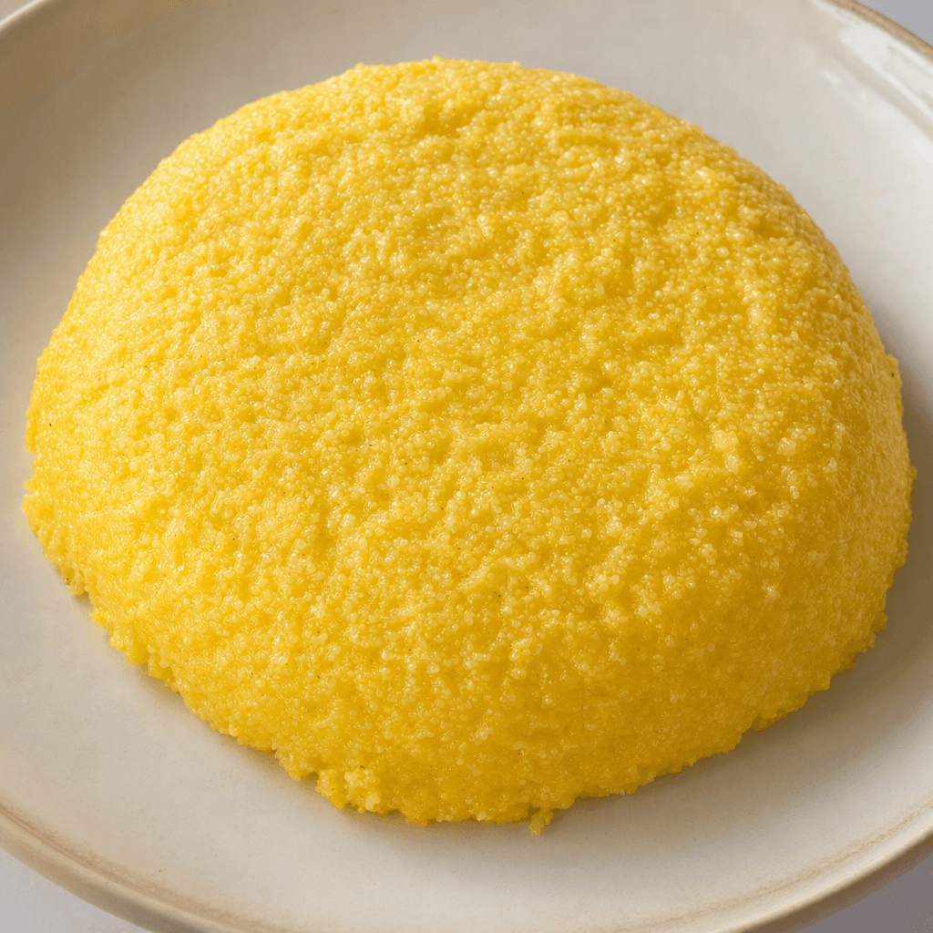 A mound of golden-yellow cornmeal porridge sits on a plate, with a dense, softly grainy surface and gently rounded edges.