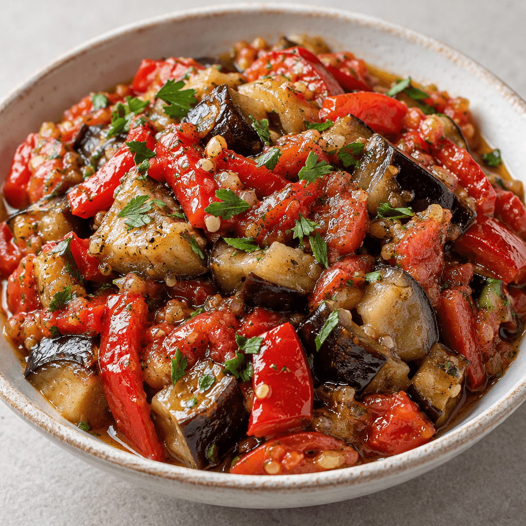 Chopped, soft pieces of roasted red pepper, eggplant and tomato are piled in a shallow dish, glistening with oil and dotted with green parsley.