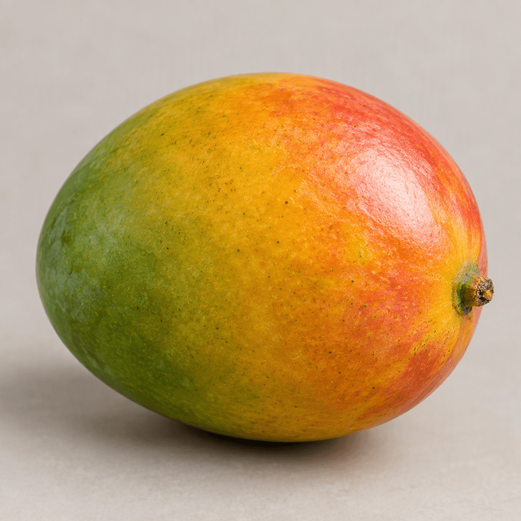 An oval mango with smooth skin blending from green to yellow and orange, with occasional red blush and a small stem at one end.
