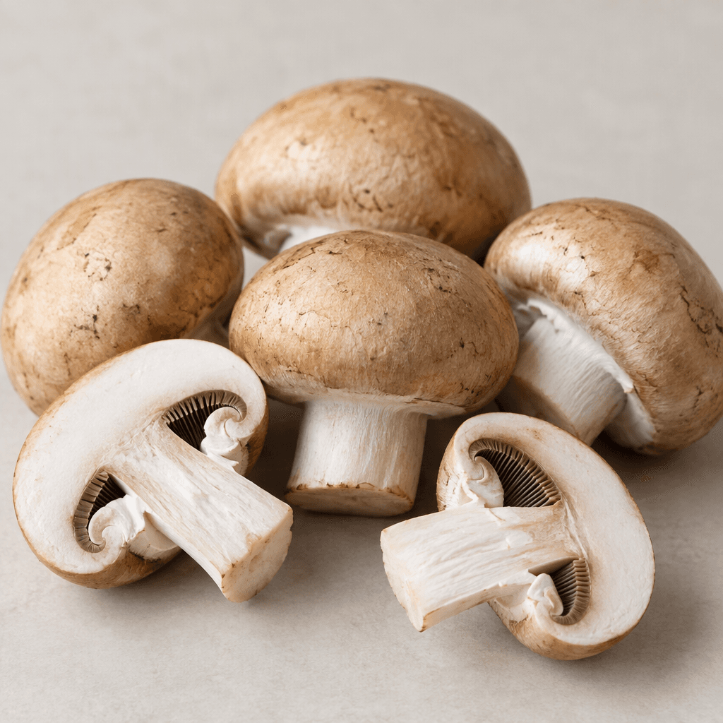 Fresh mushrooms are shown whole and in slices, with rounded cream-to-light-brown caps, short pale stems, smooth slightly matte surfaces, and tightly spaced gills visible on the cut pieces.