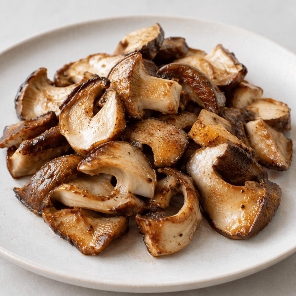 Golden-brown mushroom pieces with curled edges and visible pale interiors, glistening lightly with oil and scattered on a simple plate.