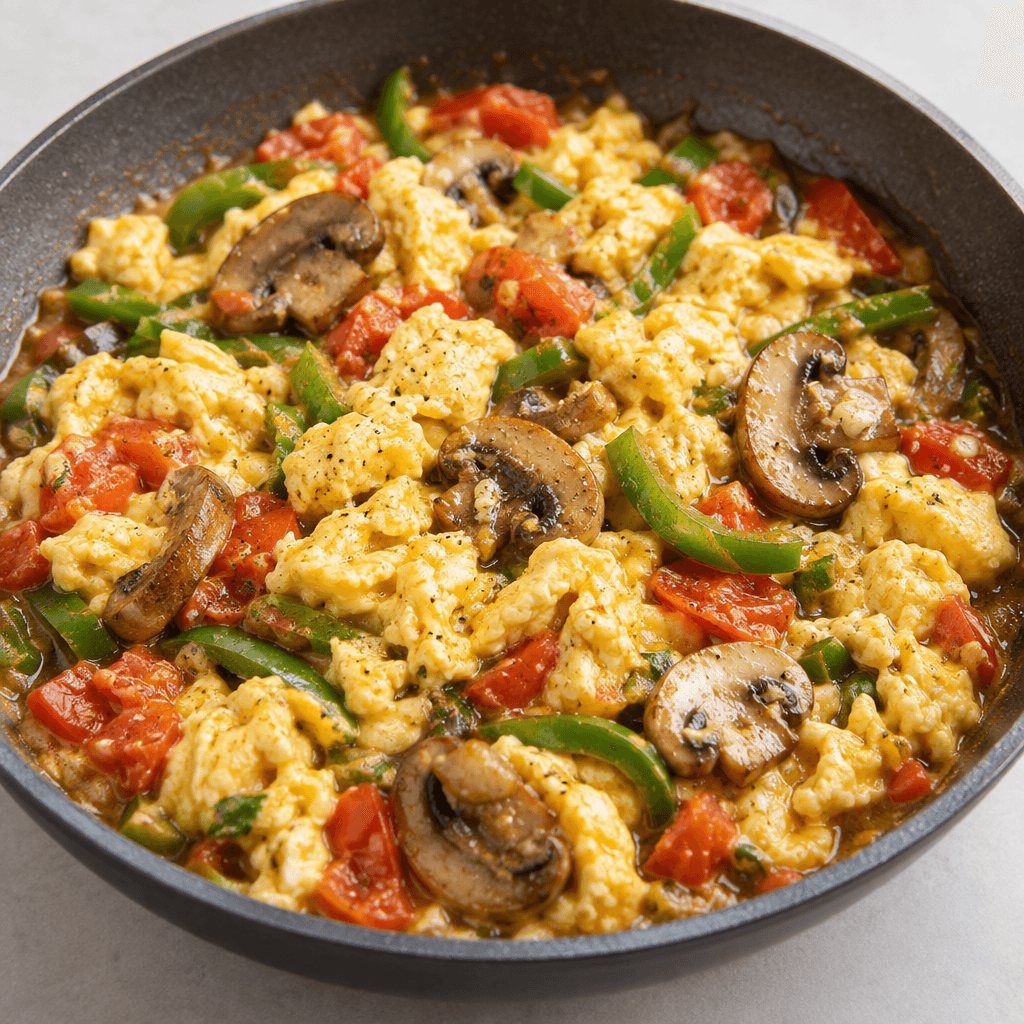 Soft, loosely set yellow eggs are mixed with sliced brown mushrooms, red tomato pieces and thin green pepper strips in a shallow pan, with the ingredients visibly nestled in a lightly saucy mixture.