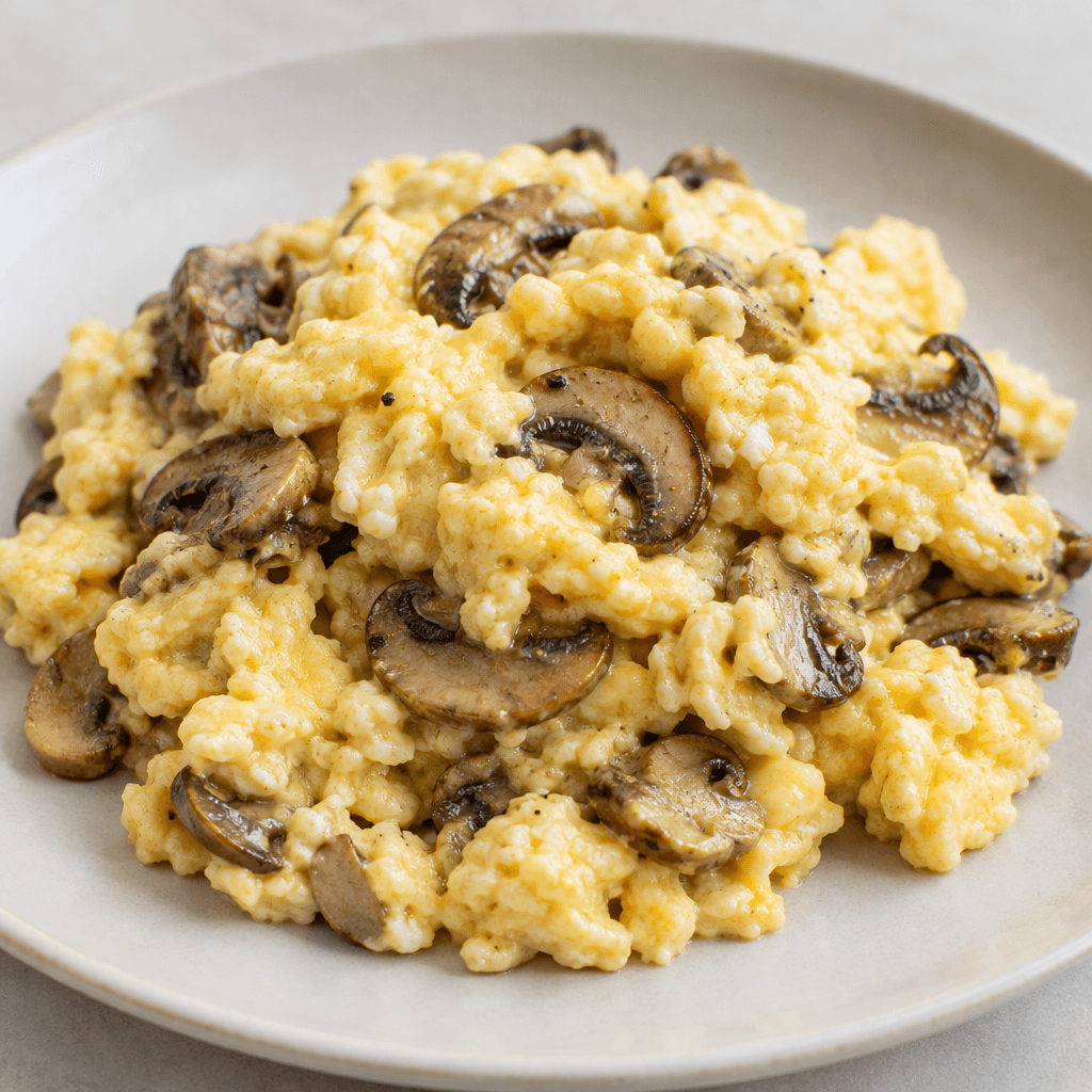 Soft, pale-yellow scrambled eggs mixed with sliced brown mushrooms, served in a loose mound on a plate with the mushroom pieces visibly scattered throughout.