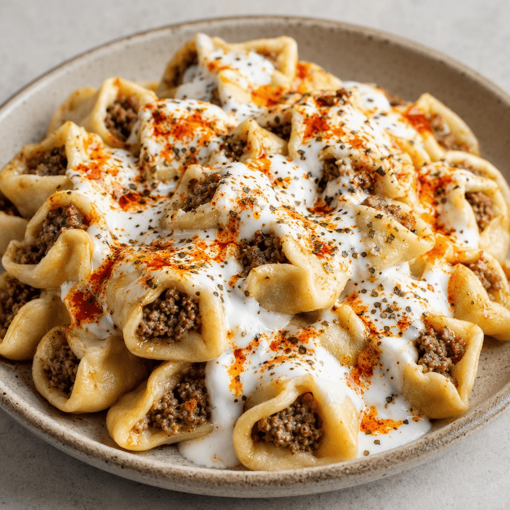 Small golden-beige folded dough parcels, each pinched into a compact four-corner shape around a visible minced-meat filling, piled in a shallow dish and topped with white yogurt, red pepper oil and scattered dried herbs.
