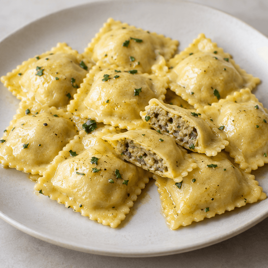 Small square pasta parcels with pale golden-yellow surfaces, neatly crimped edges, and slightly rounded centers are arranged on a plate, with a few showing their savory filling where the pasta is open.