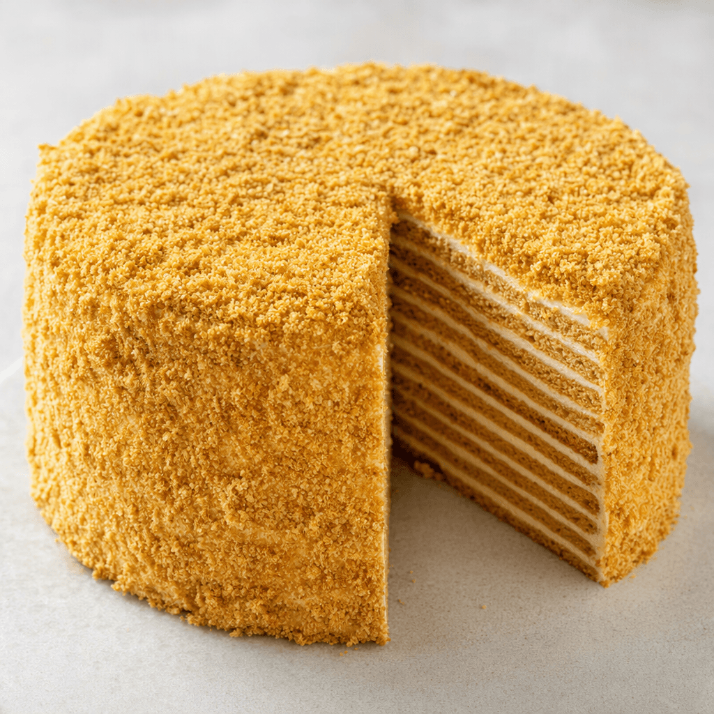 A round, tall cake with many thin golden-brown layers separated by pale caramel-colored cream, its top and sides coated in fine golden cake crumbs, with a slice cut out to reveal the layers.
