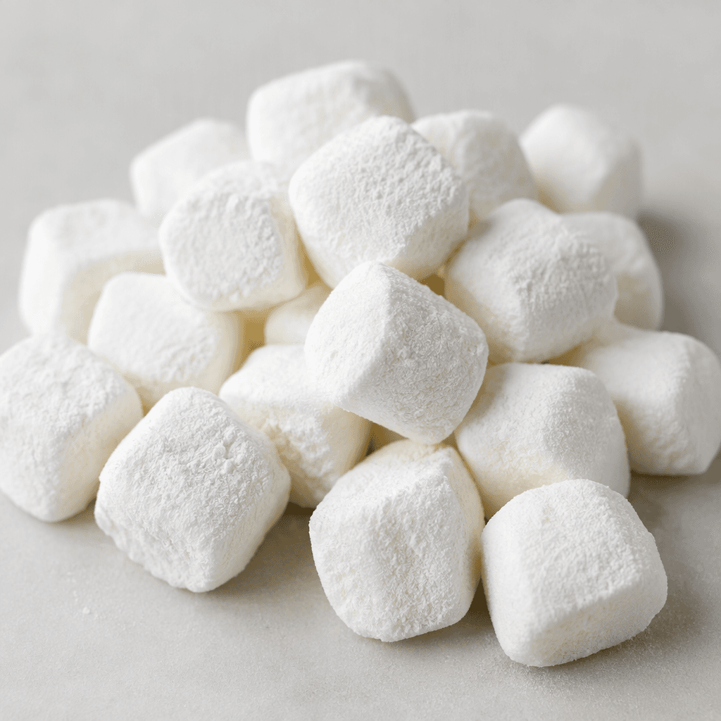 Soft, pillowy marshmallows are piled loosely on a plain surface, each piece small and roughly cube-shaped with rounded corners, matte white sides, and a fine dusting of powder that gives the surface a slightly velvety texture.