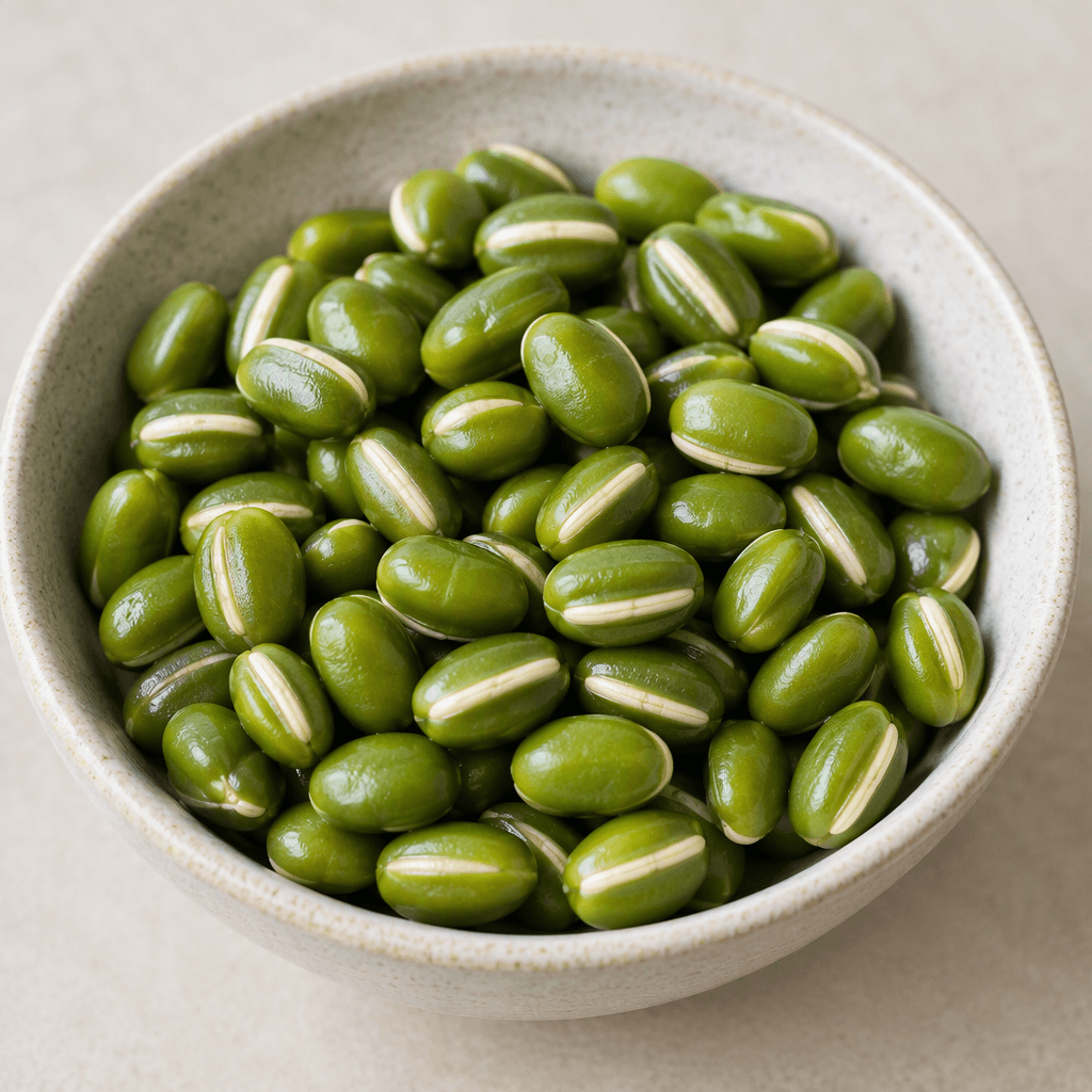 Small, plump oval beans with smooth, glossy green skins and a narrow pale cream stripe along one side, scattered in a simple dish.
