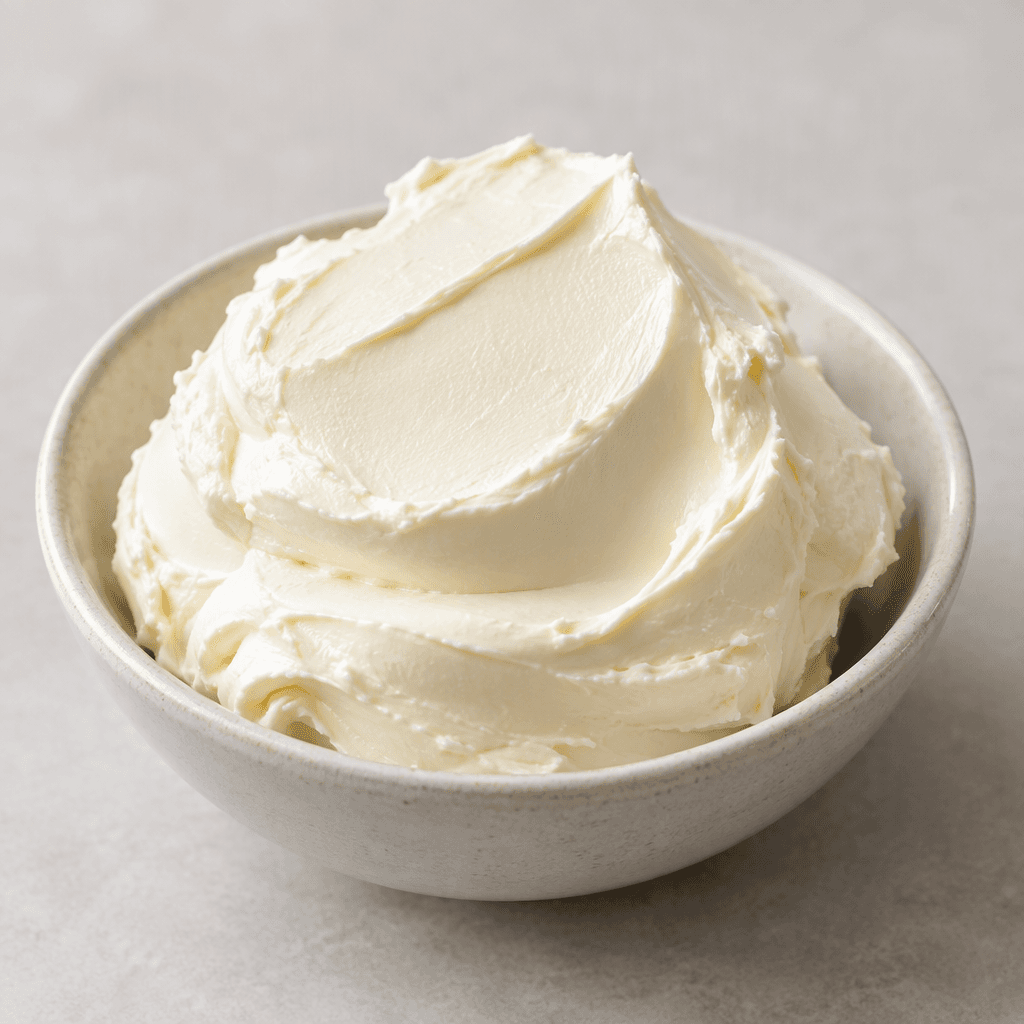A mound of mascarpone sits in a small dish, pale ivory-white, dense and smooth with a thick, glossy, softly spreadable texture and gently rounded edges.