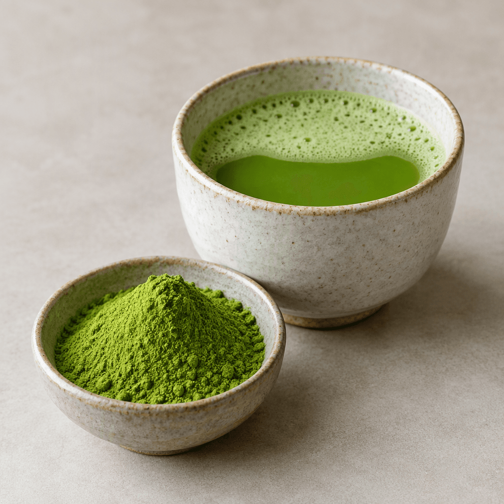 Vivid green matcha powder with an ultra-fine, velvety texture, shown in a small bowl beside a cup of opaque jade-green liquid topped with a thin layer of pale green foam.